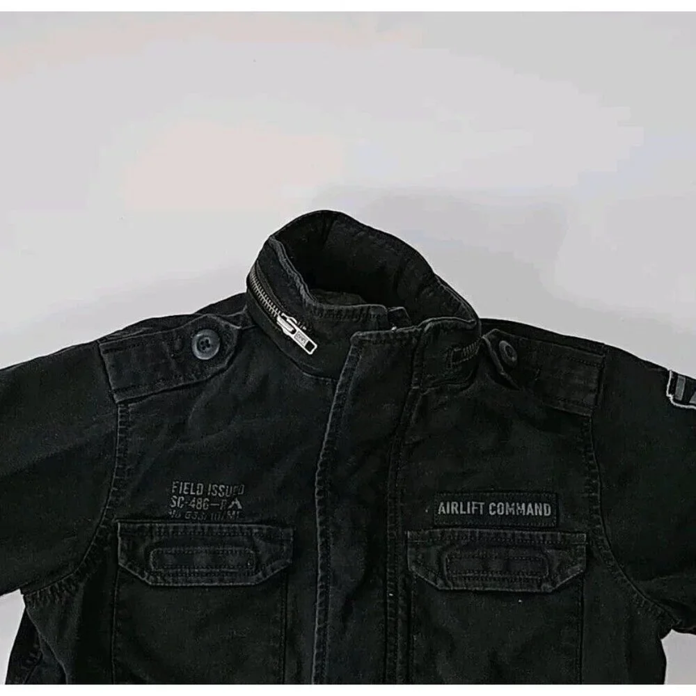 Old Navy Black Denim Jacket Full Zip Hooded Boys XS Airlift Command Halloween